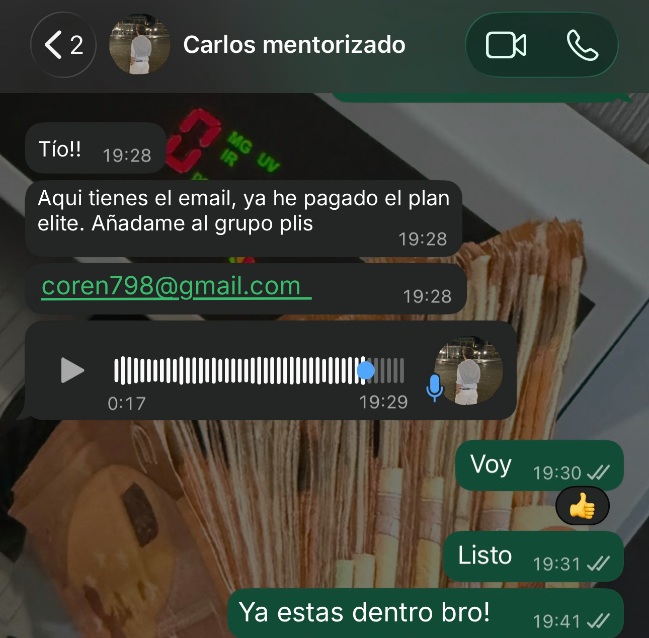 Carlos, alumno mentorizado, confirmando que se ha unido al Plan Élite